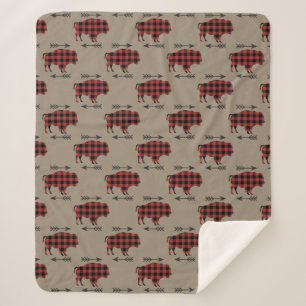 Buffalo Plaid Bison on Tan Sherpa Blanket