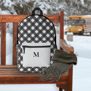 Buffalo Plaid Black and Gray Pattern Monogrammed Printed Backpack