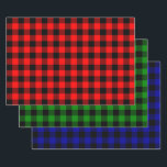 Buffalo Plaid Black and Red, Green and  Blue Wrapping Paper Sheet<br><div class="desc">A wrapping paper sheet set with a buffalo plaid pattern in black on three background colours,  red,  green and blue. Customise the background colours,  pattern sizes among other options.</div>