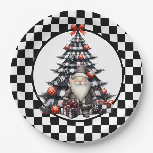 Buffalo Plaid Black and White Christmas  Paper Plate (Front)