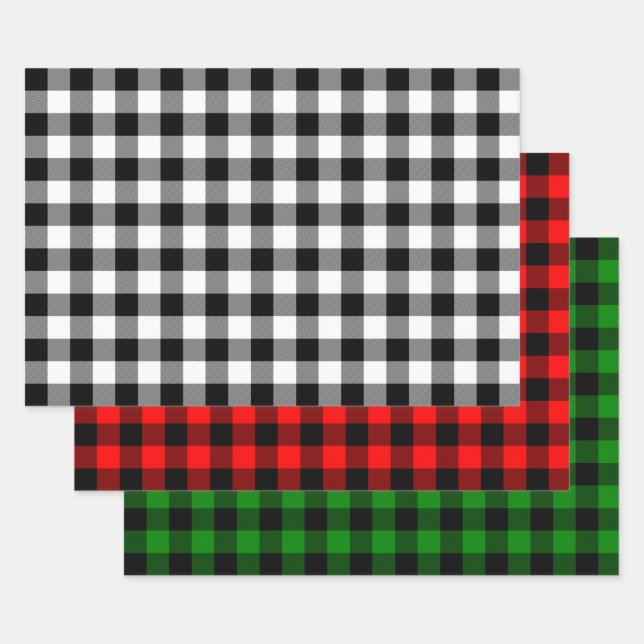 Buffalo Plaid Black and White, Red and Green Wrapping Paper Sheet (Set)