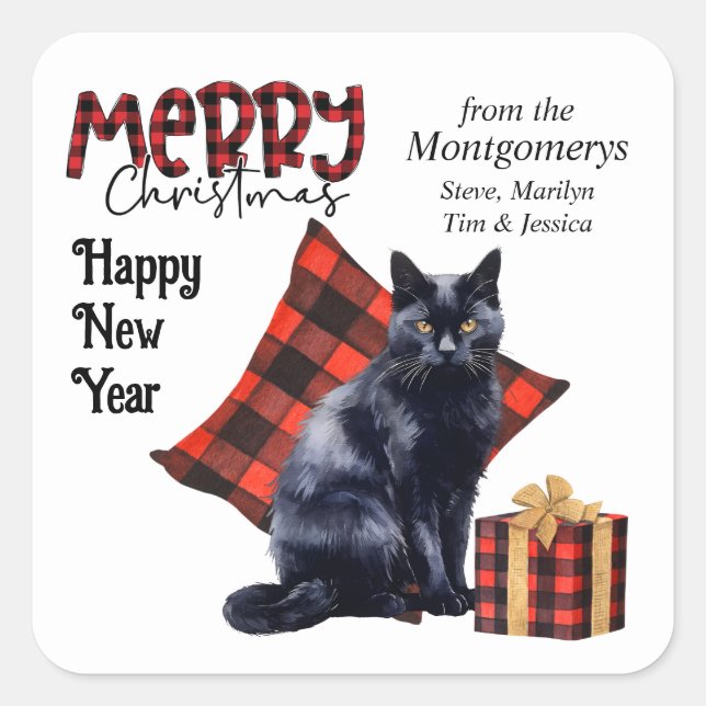 Buffalo Plaid Black Cat Christmas Square Sticker (Front)