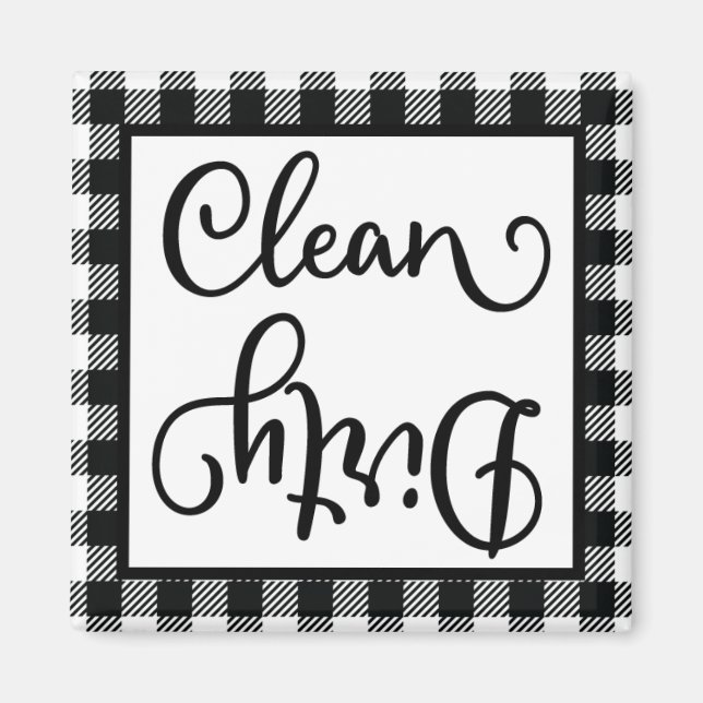 Buffalo Plaid Black White Clean Dirty Dishwasher Magnet (Front)