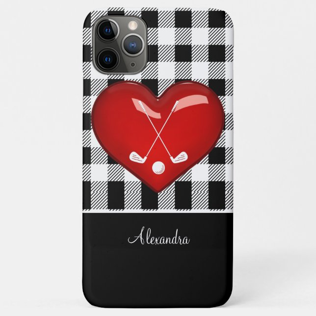  Buffalo Plaid Black white golf clubs red heart  Case-Mate iPhone Case (Back)