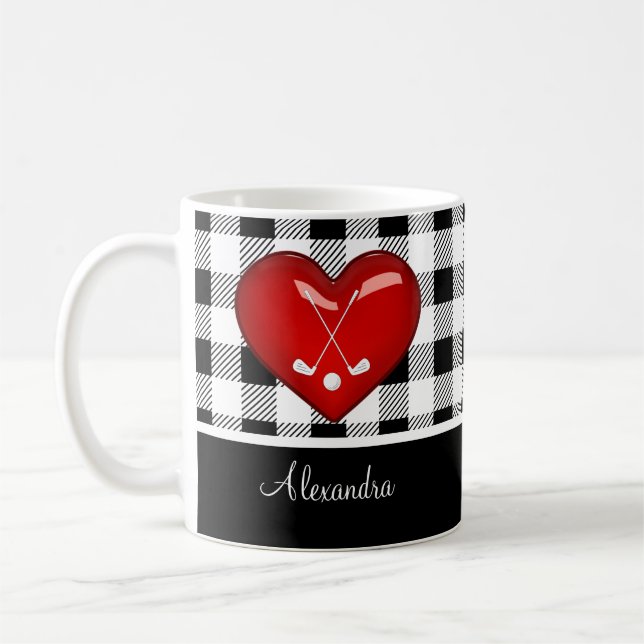  Buffalo Plaid Black White golf clubs red heart  Coffee Mug (Left)
