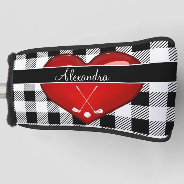  Buffalo Plaid Black white golf clubs red heart Go Golf Head Cover (Front)