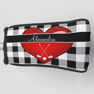 Buffalo Plaid Black white golf clubs red heart Go Head Cover