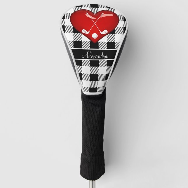  Buffalo Plaid Black white golf clubs red heart Golf Head Cover (Front)