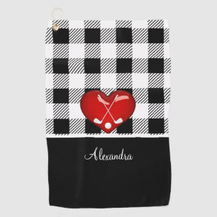 Buffalo Plaid Black white golf clubs red heart Golf Towel