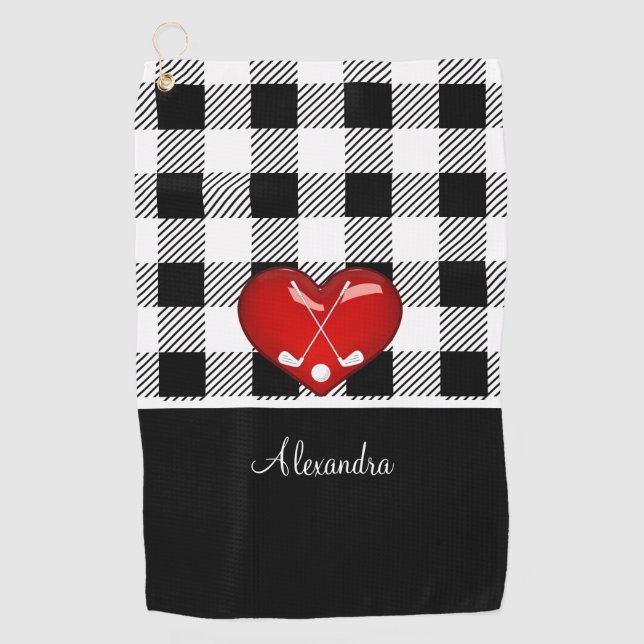 Buffalo Plaid Black white golf clubs red heart  Golf Towel (Front)