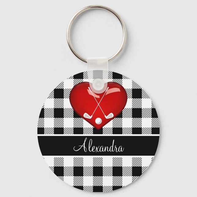  Buffalo Plaid Black white golf clubs red heart Key Ring (Front)