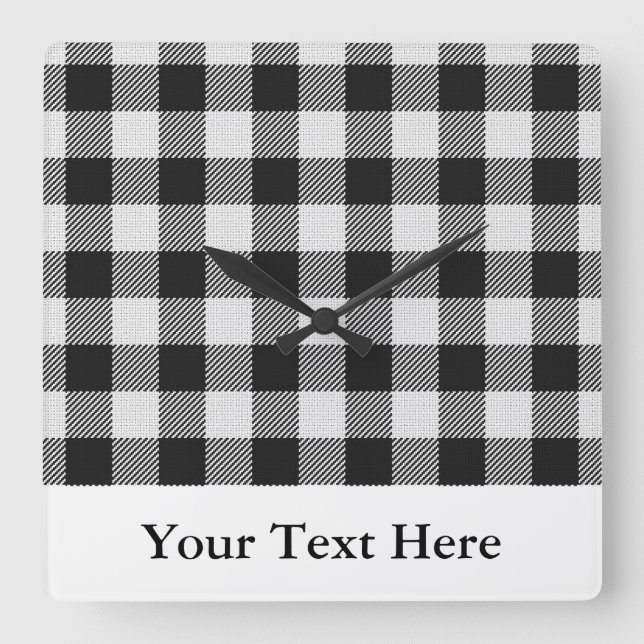 Buffalo Plaid Black White Personalised Square Wall Clock (Front)