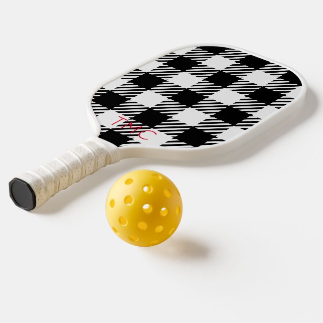 Buffalo Plaid Black White Red Initials Sports Pickleball Paddle (Laydown 2)