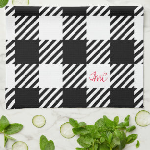 Buffalo Plaid Black White Red Monogram INITIALS Tea Towel
