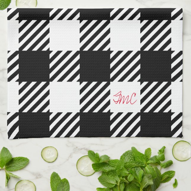 Buffalo Plaid Black White Red Monogram INITIALS Tea Towel (Folded)