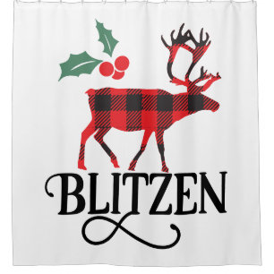 Buffalo Plaid Blitzen Reindeer Shower Curtain
