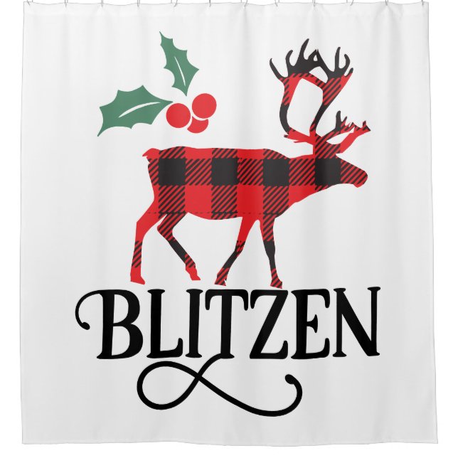 Buffalo Plaid Blitzen Reindeer Shower Curtain (Front)