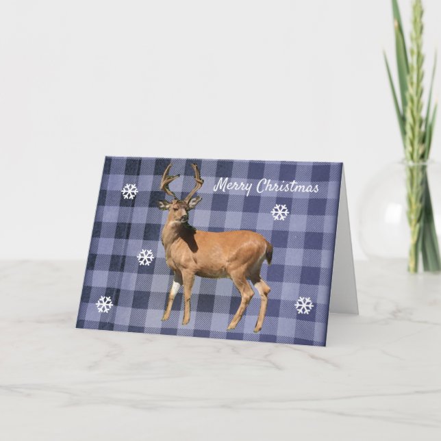  Buffalo Plaid Blue Woodland Deer Christmas Card (Front)