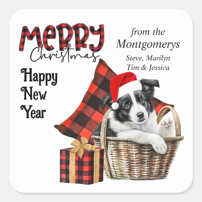 Buffalo Plaid Border Collie Puppy Christmas Square Sticker (Front)