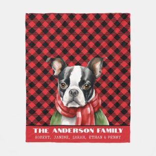 Buffalo Plaid Boston Terrier Christmas Fleece Blanket