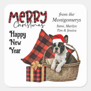Buffalo Plaid Boston Terrier Dog Christmas Square Sticker