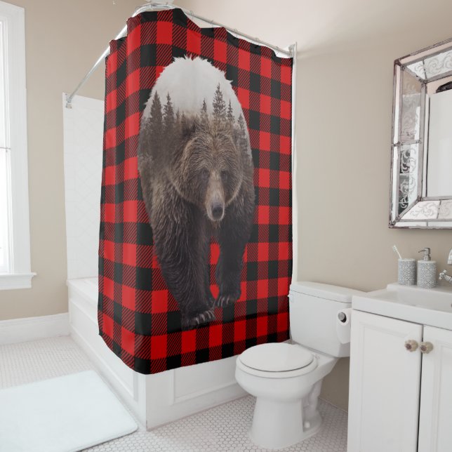 Buffalo Plaid Brown Bear Cabin Rustic  Shower Curtain (In Situ)