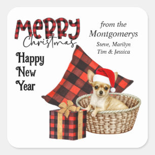 Buffalo Plaid Brown Chihuahua Puppy Holiday Square Sticker