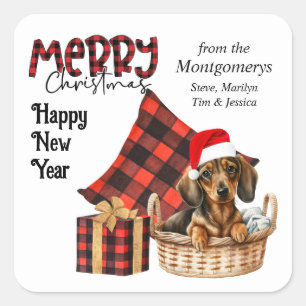 Buffalo Plaid Brown Dachshund Puppy Holiday Square Sticker