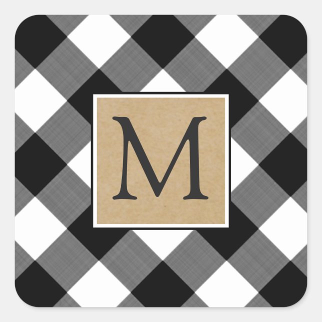 Buffalo Plaid Brown Kraft Monogram Square Sticker (Front)