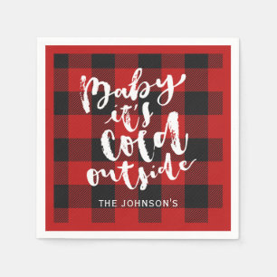 Buffalo Plaid Brush Script It's Cold Outside Name Napkin