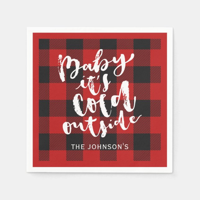 Buffalo Plaid Brush Script It's Cold Outside Name Napkin (Front)