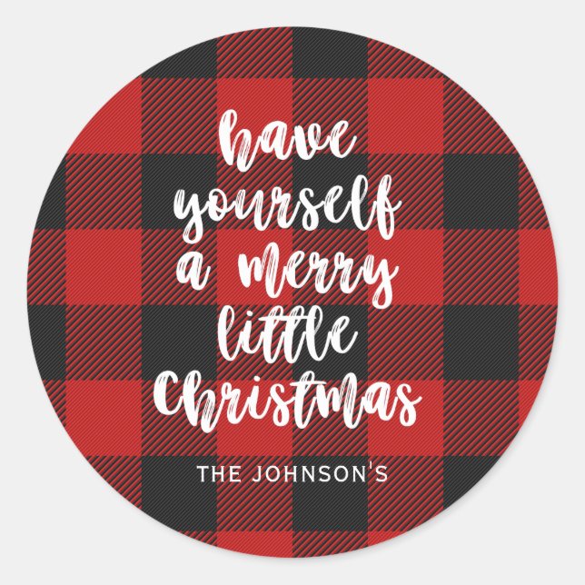 Buffalo Plaid Brush Script Little Christmas Name Classic Round Sticker (Front)