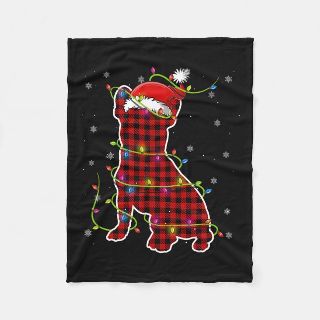 Buffalo Plaid Bulldog Santa Christmas Pajama Match Fleece Blanket (Front)