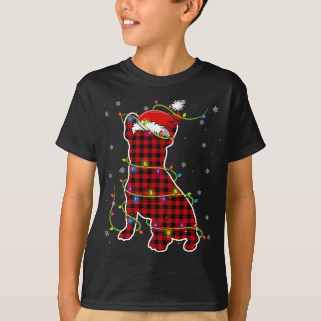 Buffalo Plaid Bulldog Santa Christmas Pajama Match T-Shirt (Front)