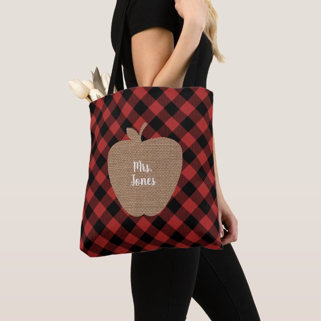 Buffalo Plaid Burlap Inspired Apple Teacher Tote Bag (Close Up)