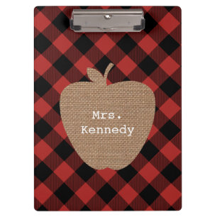 Buffalo Plaid Burlap Personalised Teacher Apple Clipboard