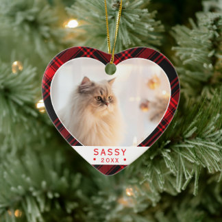 Buffalo Plaid Cat Lover Photo Heart Ornament
