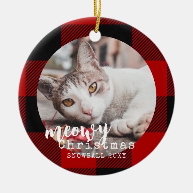 Buffalo Plaid Cat Meowy Christmas Photo Ceramic Tree Decoration (Front)