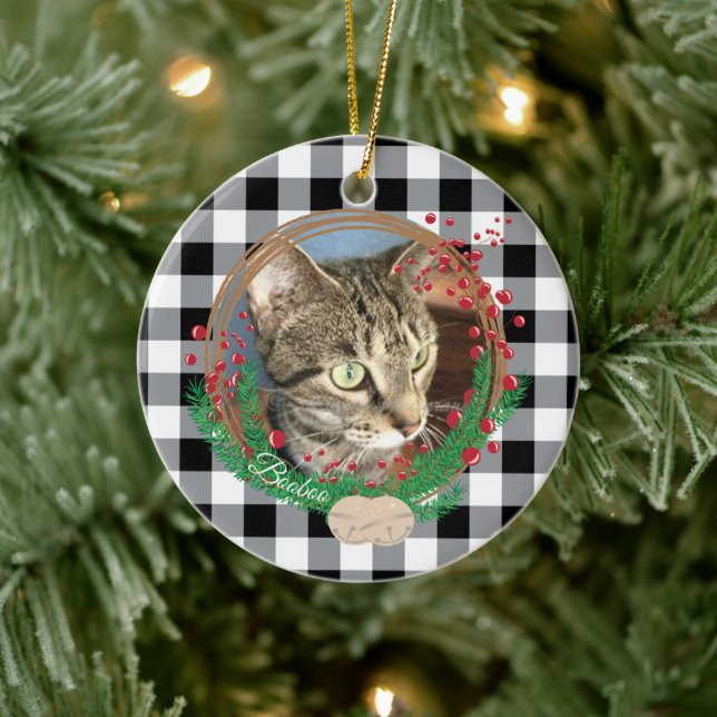 Buffalo Plaid Cat Photo Ornament with Wreath (Tree)