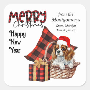 Buffalo Plaid Cavalier King Charles Puppy Holiday Square Sticker