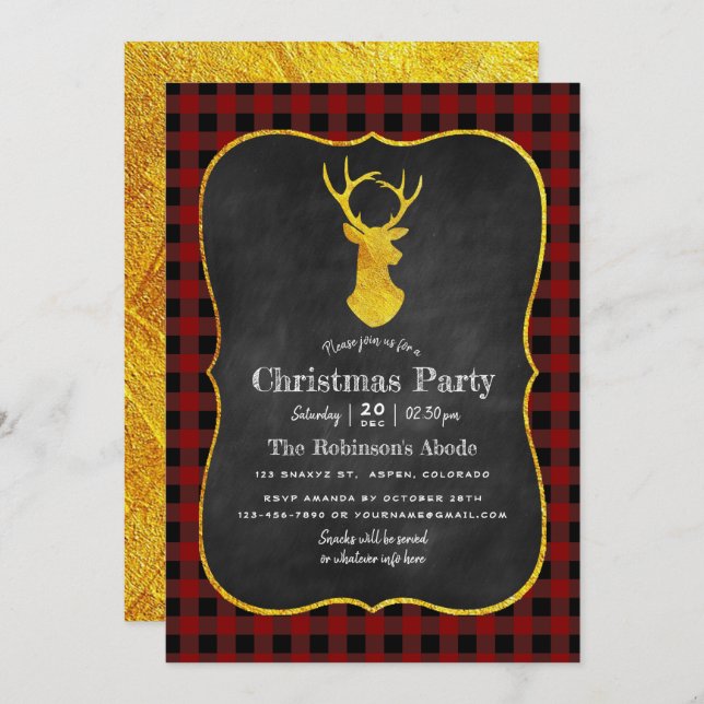 Buffalo Plaid Chalkboard Foil Christmas Party Invitation (Front/Back)