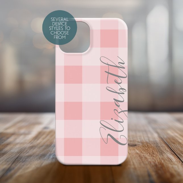 Buffalo Plaid Check Calligraphy CAN edit coral Case-Mate iPhone Case (Personalized Phone Case with Custom Text and Trendy Design)