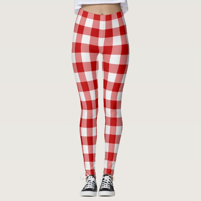 Buffalo Plaid Check Red White Leggings (Front)