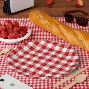 Buffalo Plaid Check Red White Paper Plate