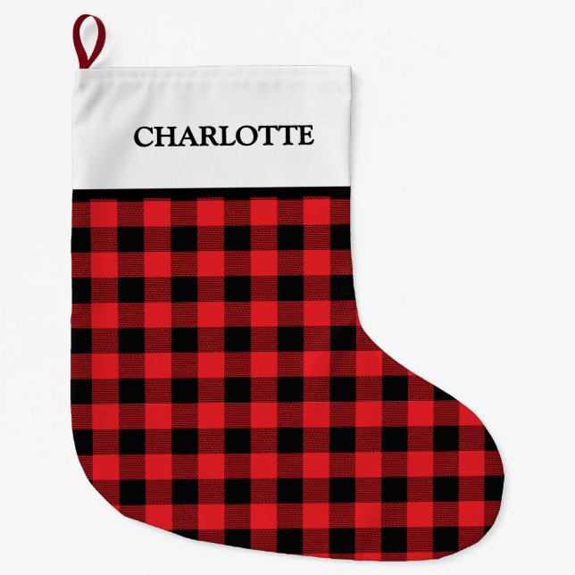 Buffalo Plaid Christmas Black Red Large Christmas Stocking (Front)