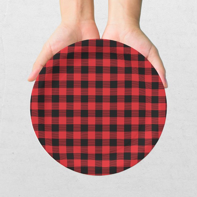 Buffalo Plaid Christmas Black Red Paper Plate (Creator Uploaded)