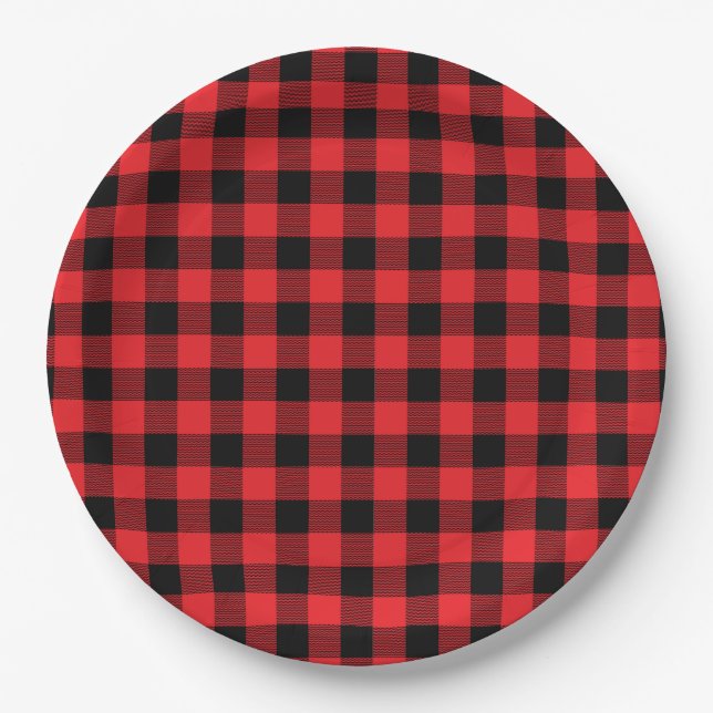 Buffalo Plaid Christmas Black Red Paper Plate (Front)