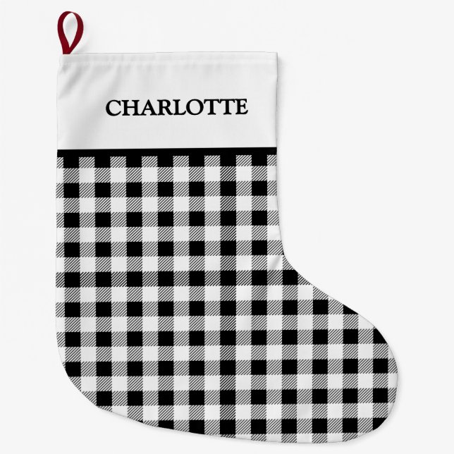 Buffalo Plaid Christmas Black White Large Christmas Stocking (Front)