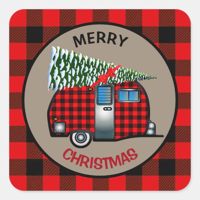 Buffalo Plaid Christmas Camper Trailer Square Sticker (Front)