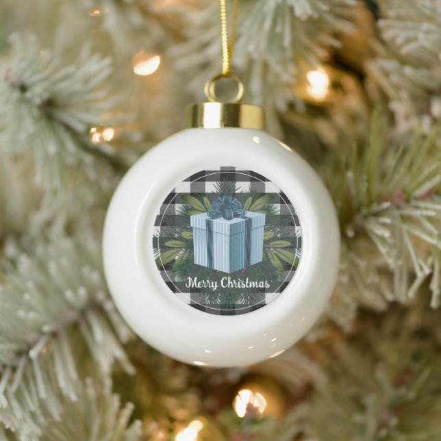 Buffalo Plaid Christmas Gift | Blue Ceramic Ball Christmas Ornament (Tree)